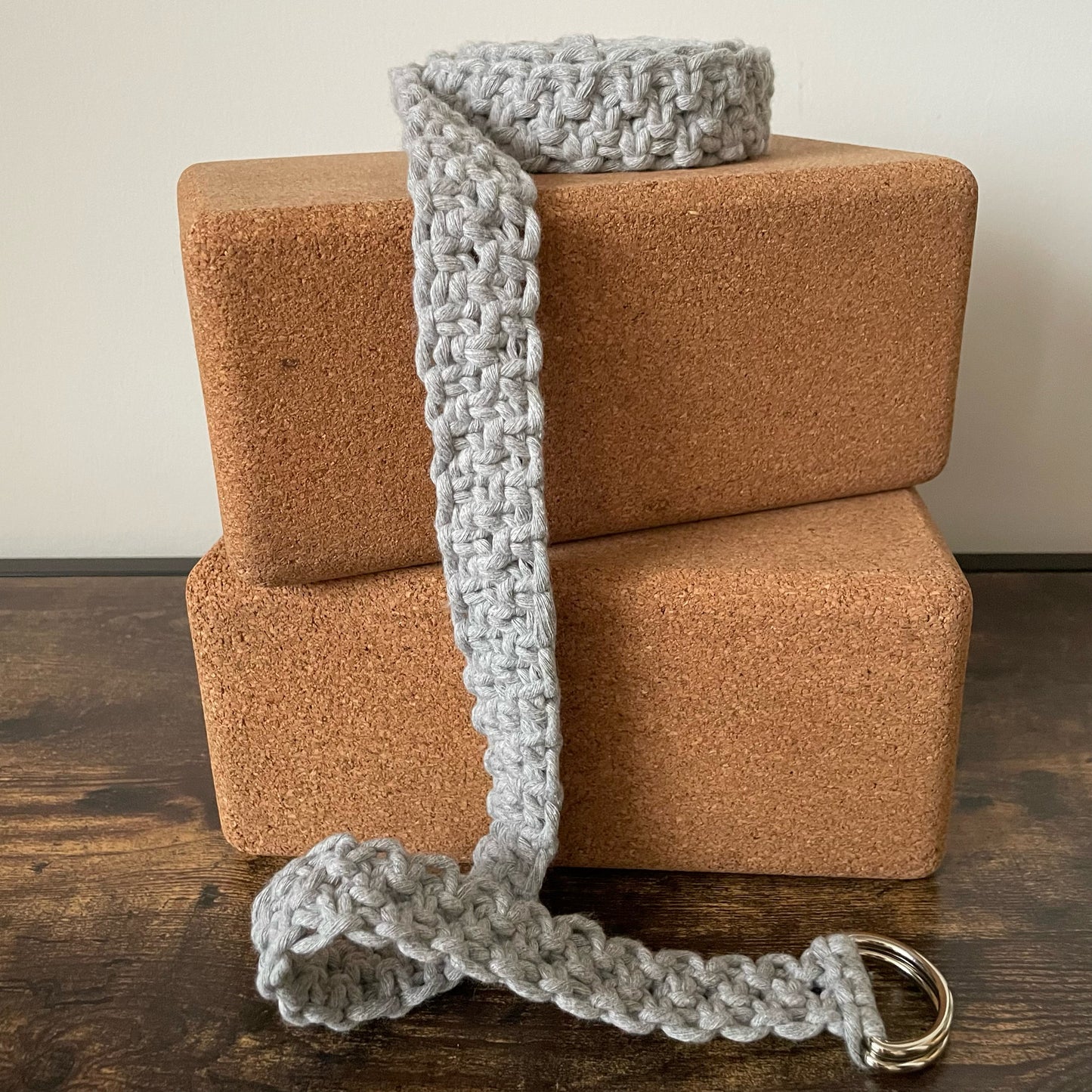 Adjustable Macramé Yoga Strap Prop in Cool Cotton cord. Color: Gray Flannel