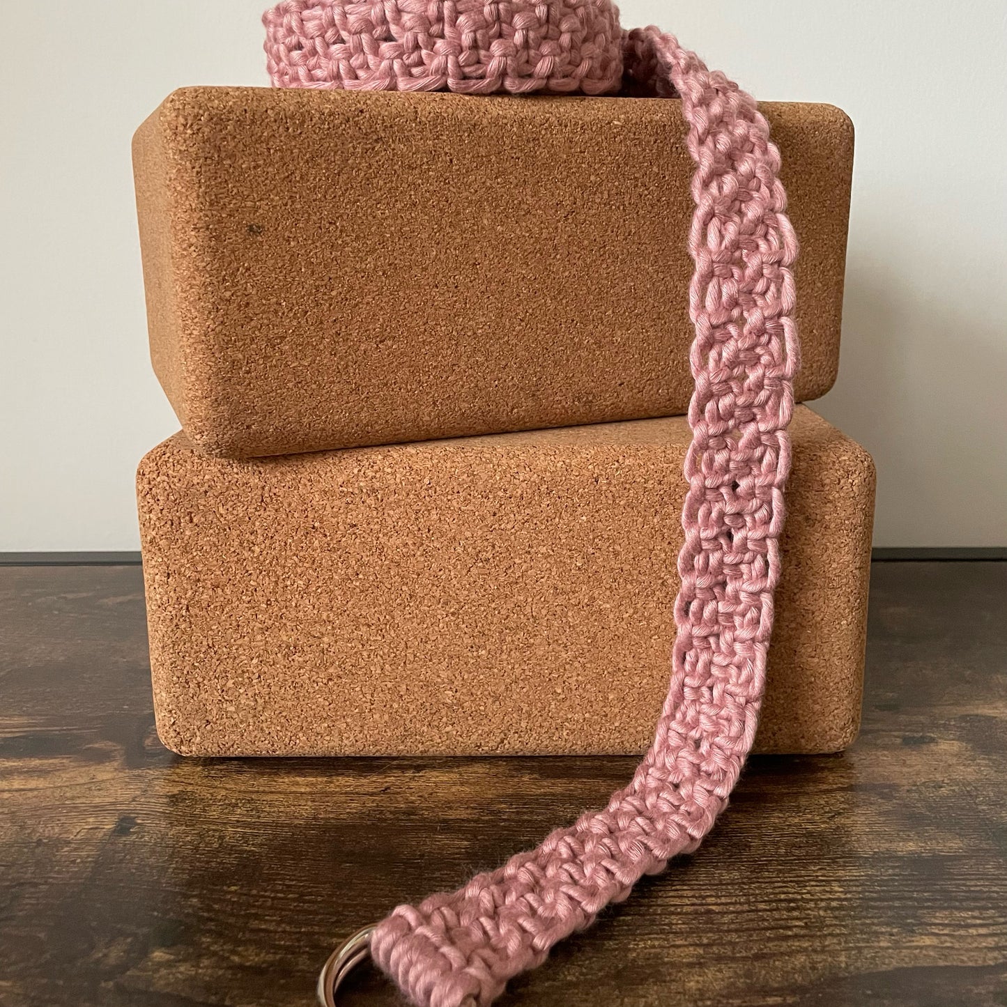 Adjustable Macramé Yoga Strap in Bright Bamboo cord. Color: Raspberry Sorbet