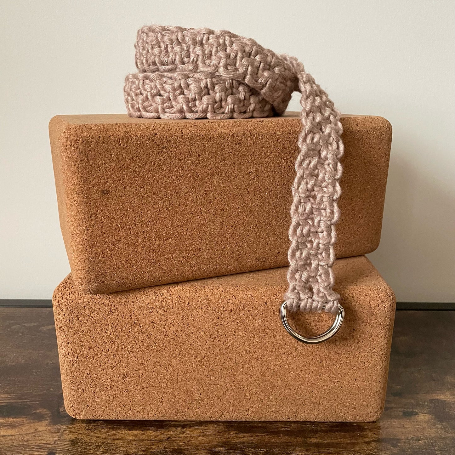 Adjustable Macramé Yoga Strap in Bright Bamboo cord. Color: Sand Castle