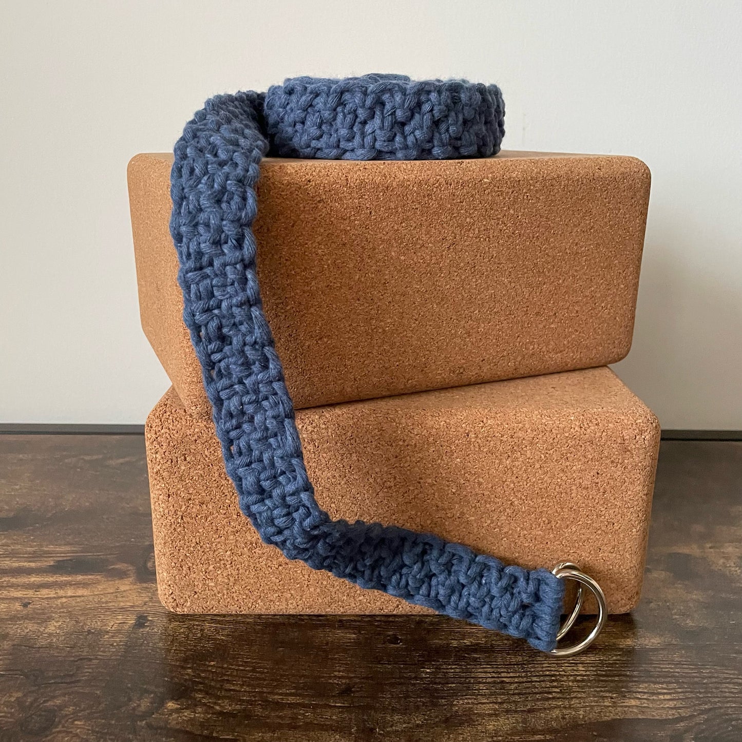 Adjustable Macramé Yoga Strap Prop in Cool Cotton cord. Color: Blue Jeans