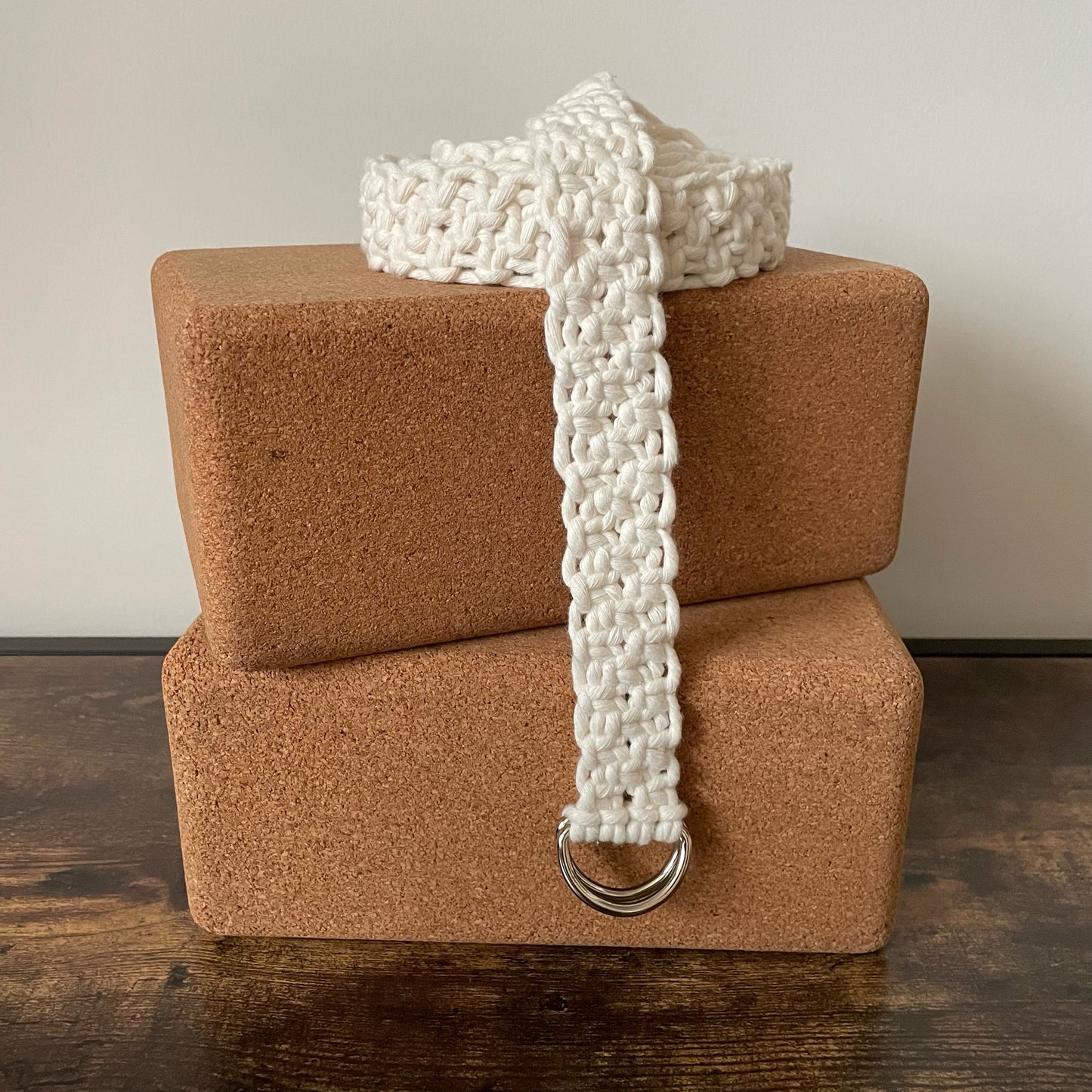 Adjustable Macramé Yoga Strap Prop in Cool Cotton cord. Color: White Tee