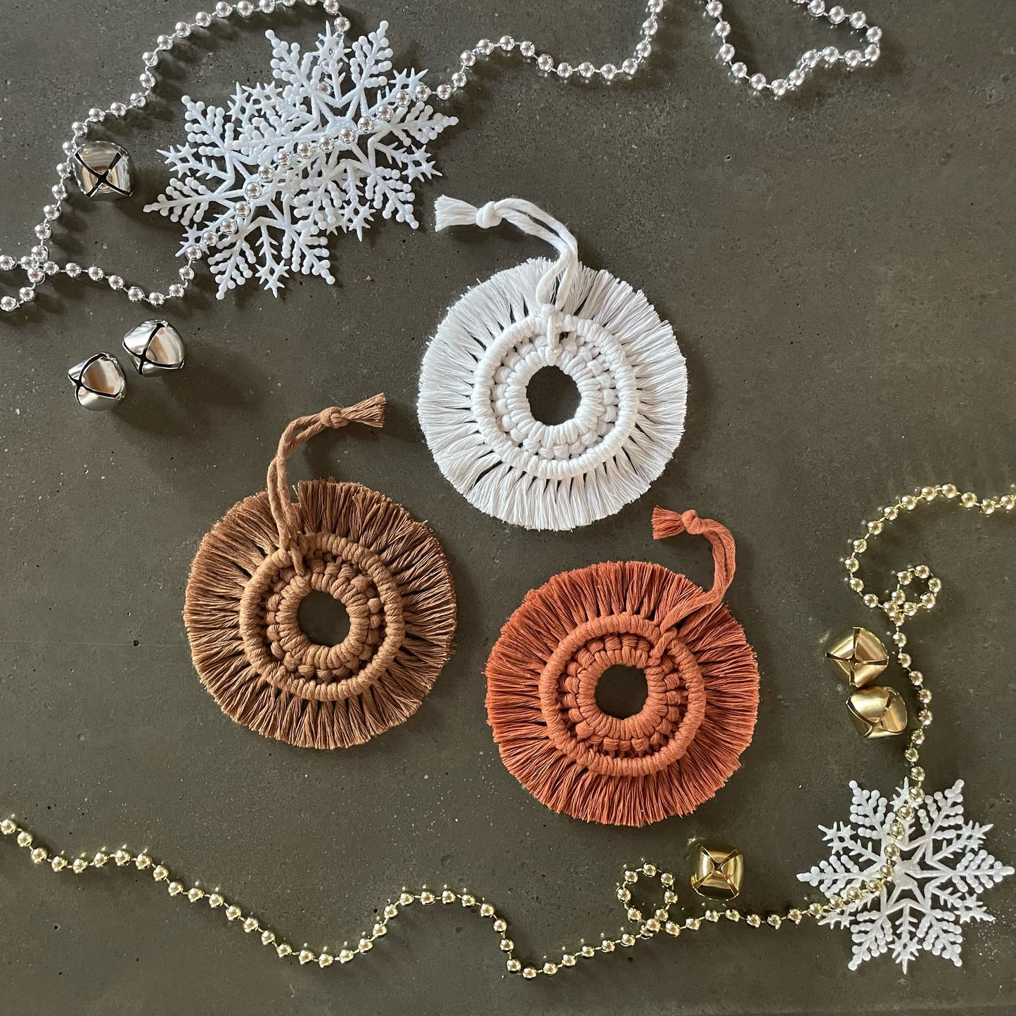 3 Wreath Ornaments with bead garland and snowflakes