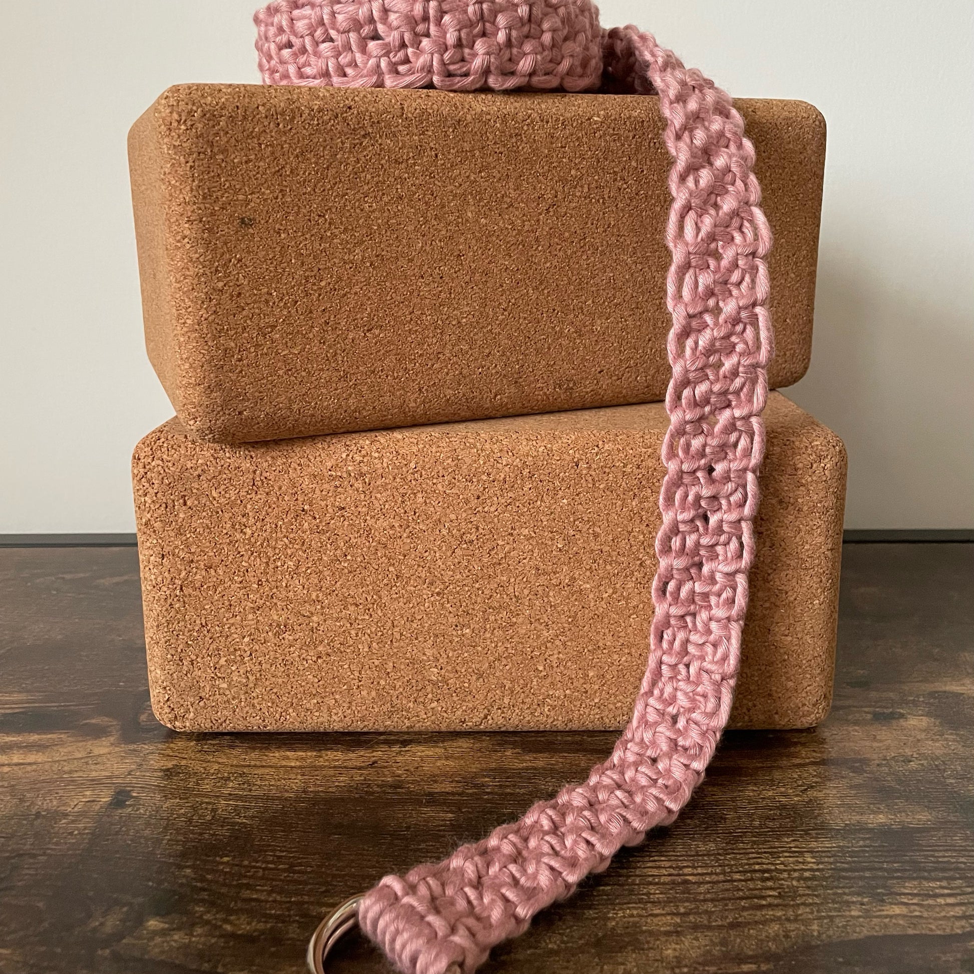 Adjustable Macramé Yoga Strap in Bright Bamboo cord. Color: Raspberry Sorbet