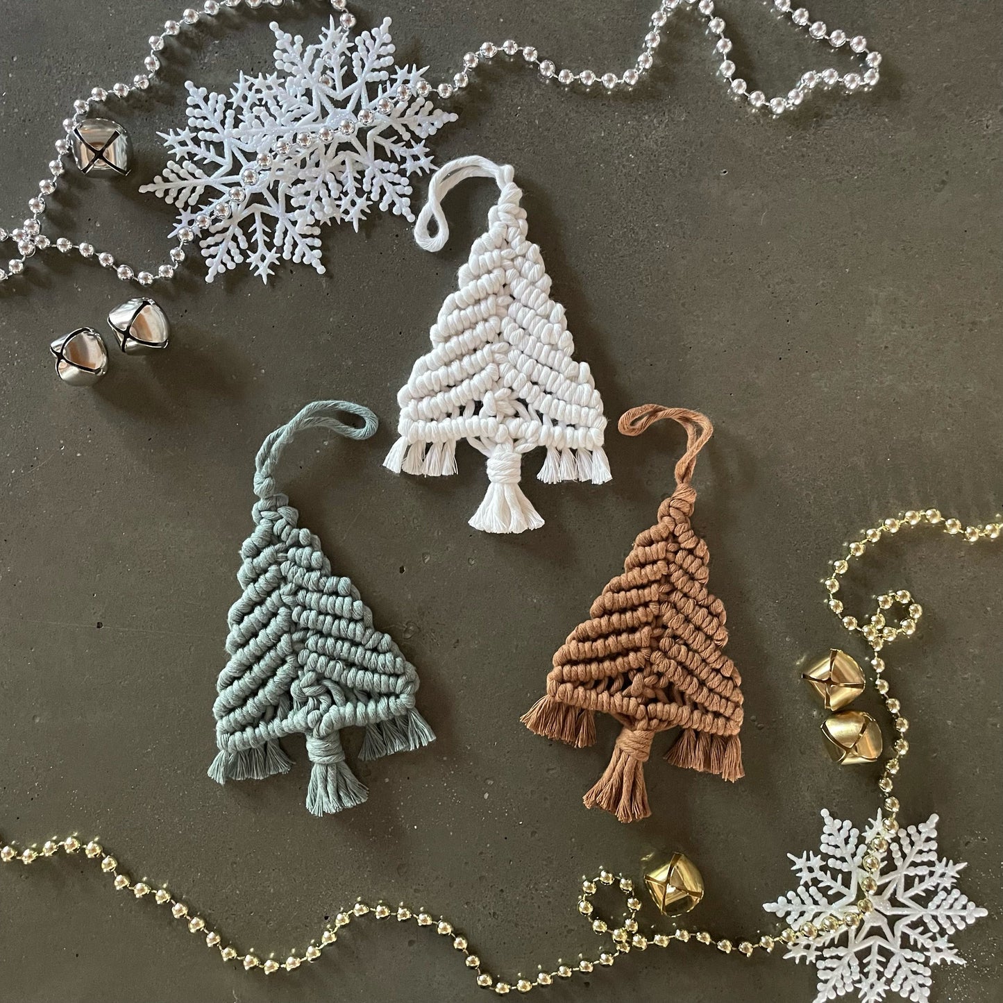 3 Tree Ornaments with beaded garland and snowflakes