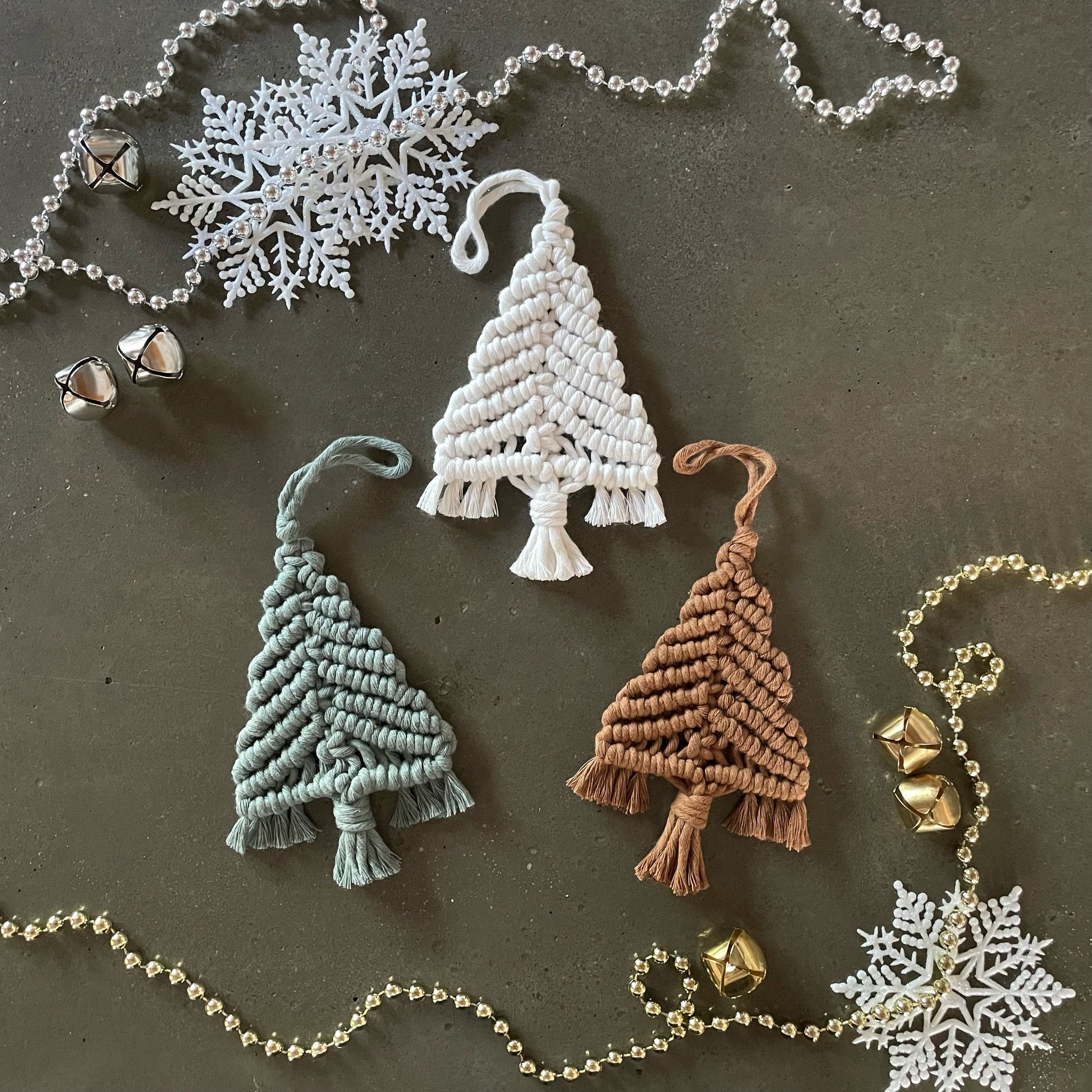 3 Tree Ornaments with beaded garland and snowflakes