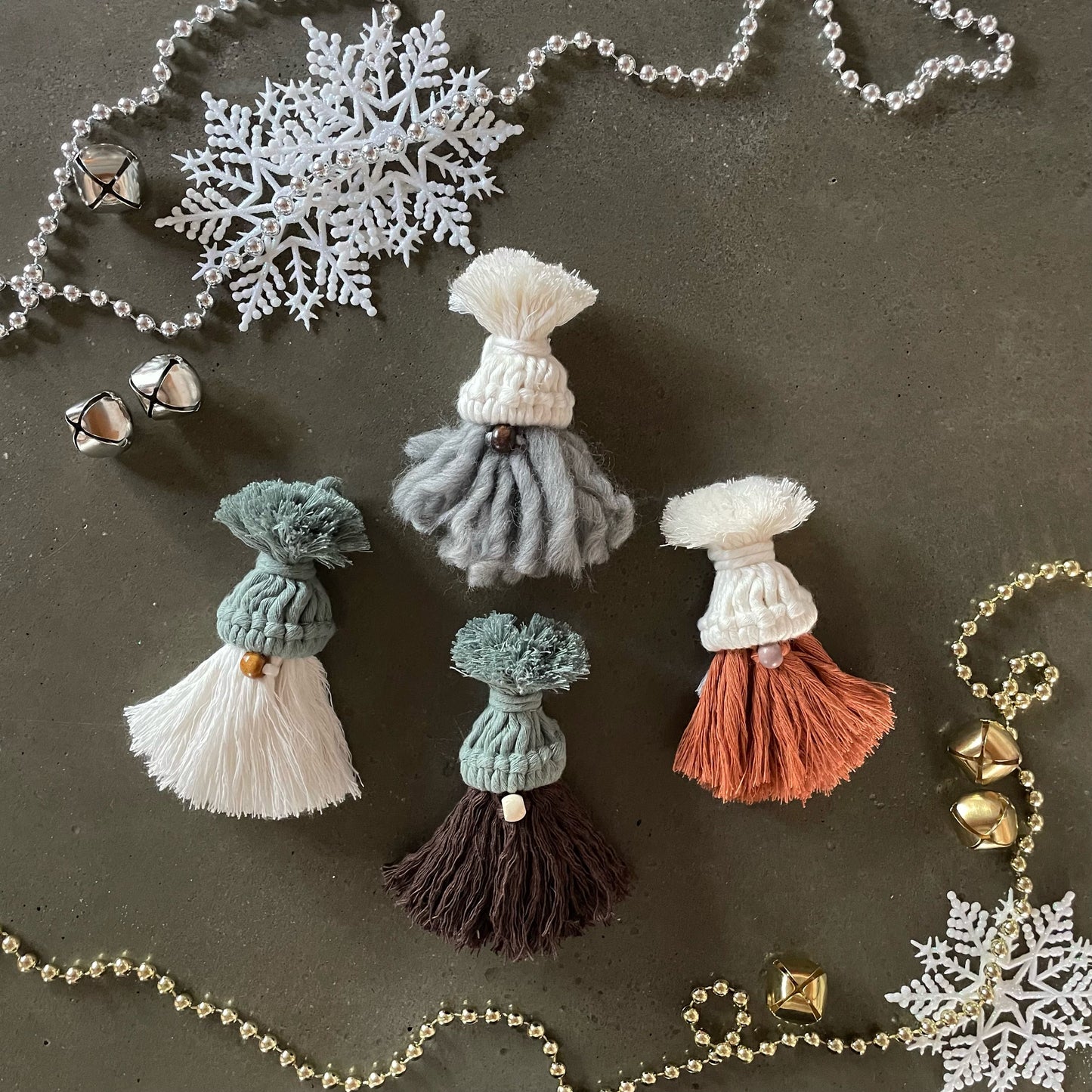 Gnomes with bead garland and snowflakes