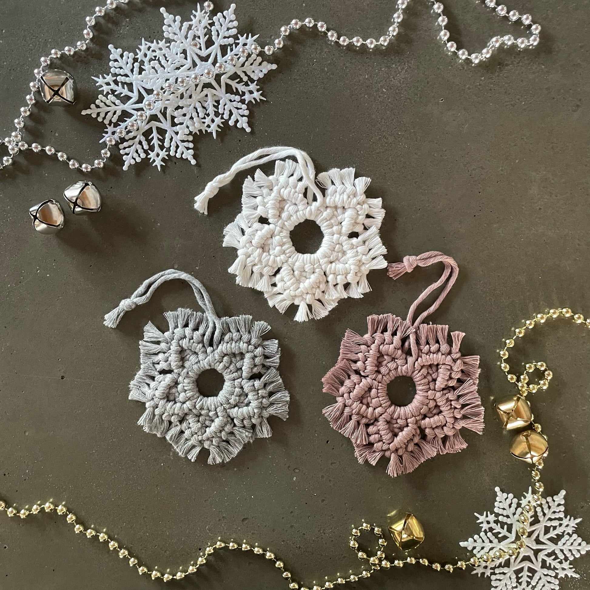 3 Snowflake Ornaments with bead garland and more snowflakes